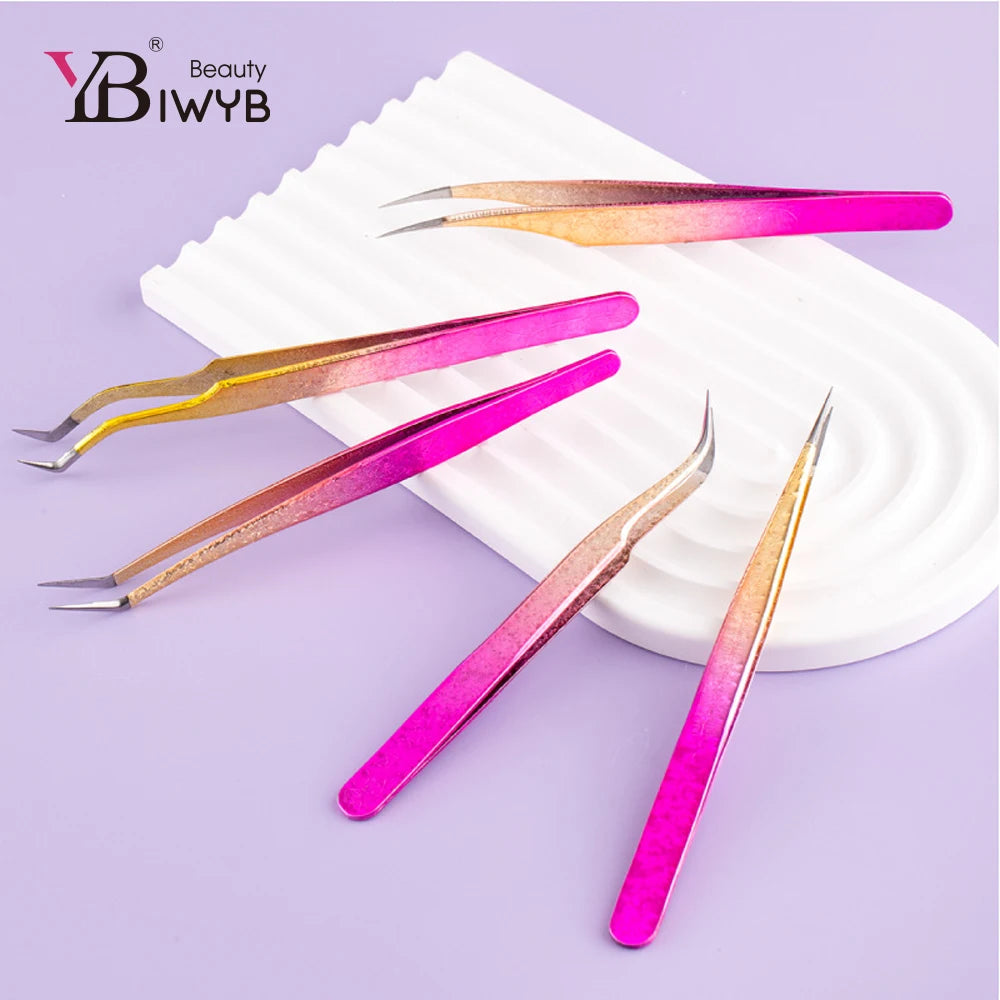 IWYBBeauty Colored Eyelashes Tweezers High Precision Stainless Tweezer Anti-static pincette Eyelash Makeup Extension Tools